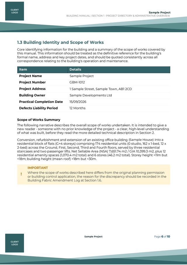 Detailed, practical pages – sample building manual page